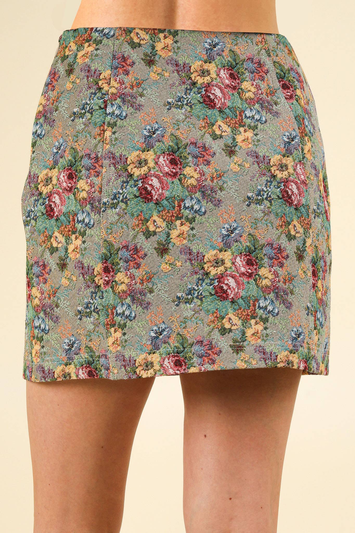 NS50105-Floral Jacquard Fabric Holiday Mini Skirt: BEIGE MIX / S-M-L/2-2-2