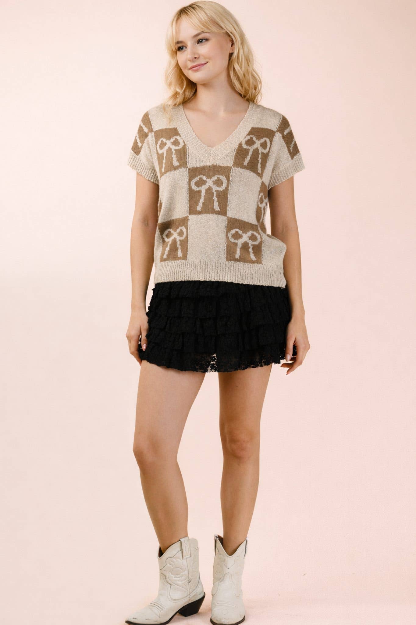 NS50190-Ruffle Layered Lace Mini Skirt W/ Inner Shorts: Black / S-M-L/2-2-2