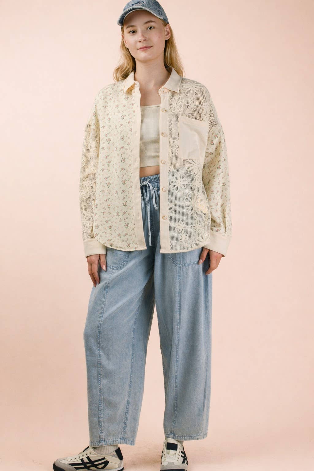 NT12590-Vintage Floral Lace Patchwork Shirt: BLUE MIX / S-M-L/2-2-2