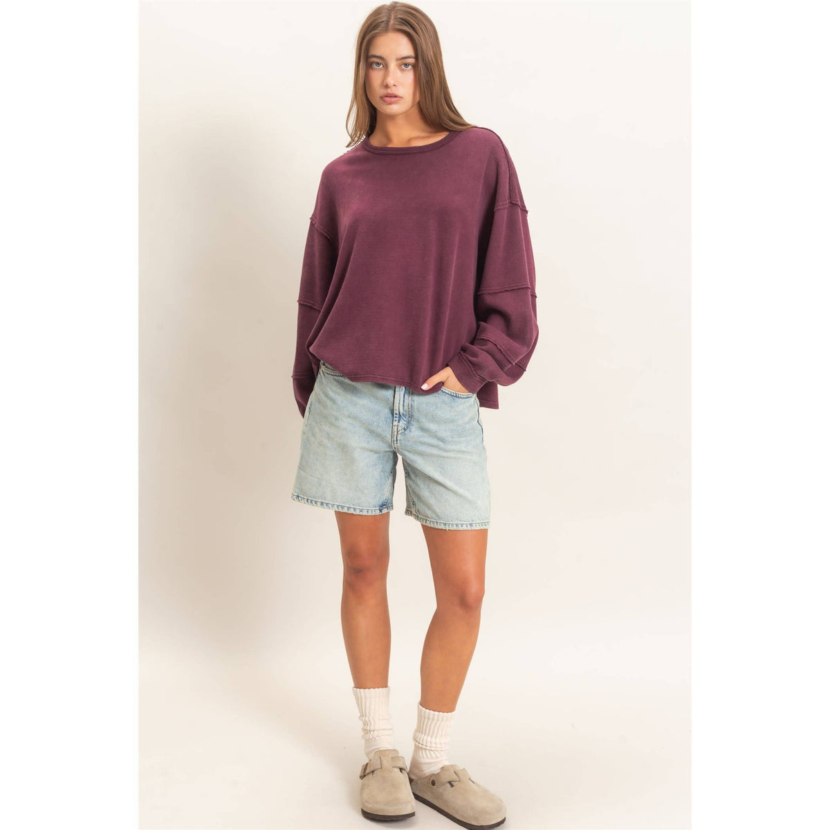 Mineral Wash Overzised Raw Edge Crew Neck Top: DARK RED / S-M-L(2-2-2)