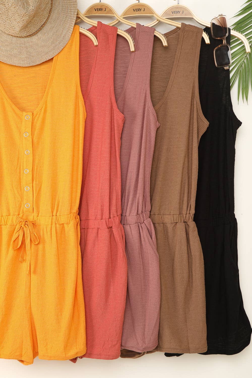 NP70002-Metal snap button down romper: MOCHA / S-M-L/2-2-2