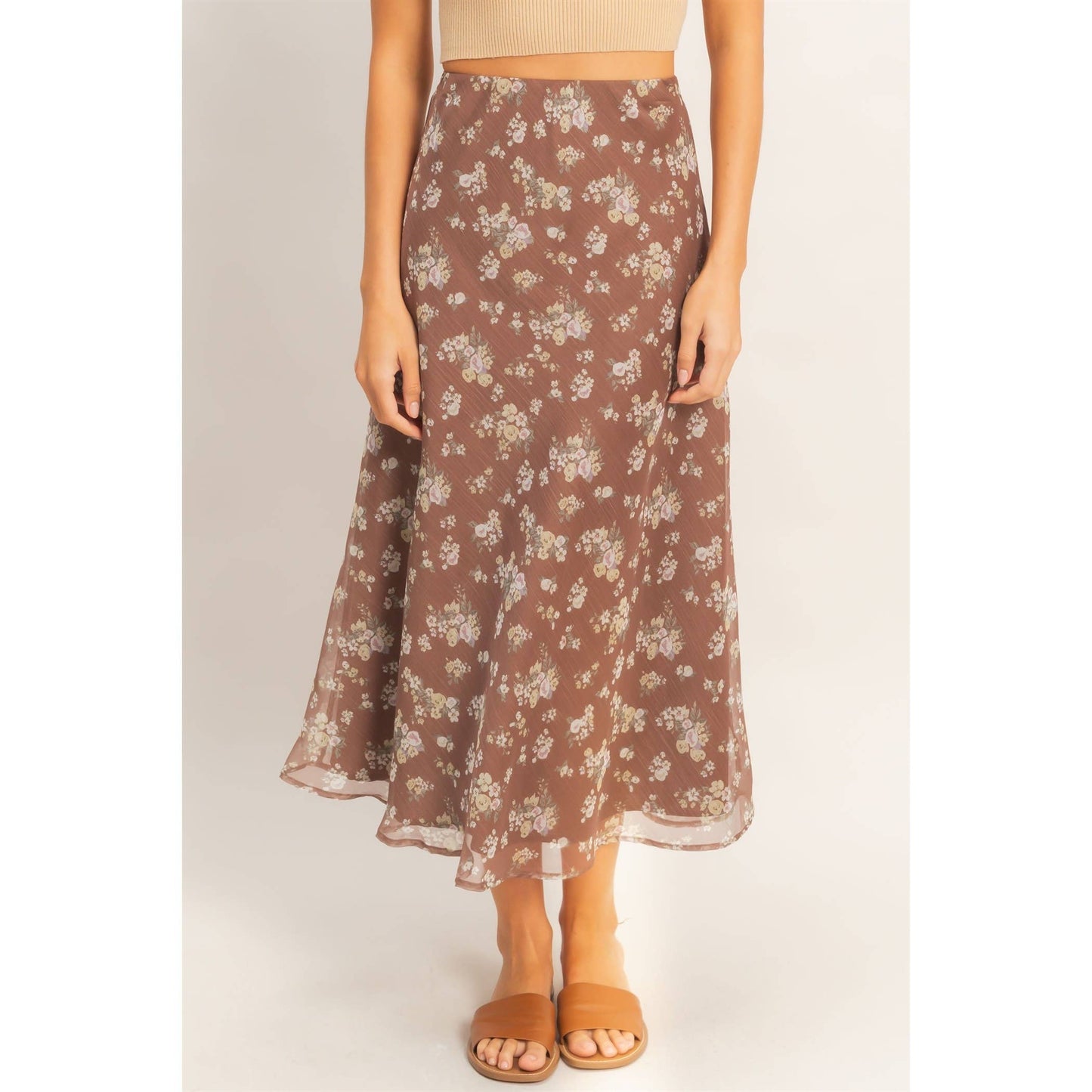 Floral Print Bias Skirt: BROWN / S-M-L(2-2-2)