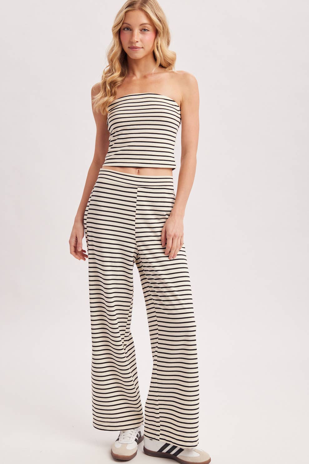 STRIPED KNIT TUBE AND WIDE PANTS SET: MOCHA COMBO / L