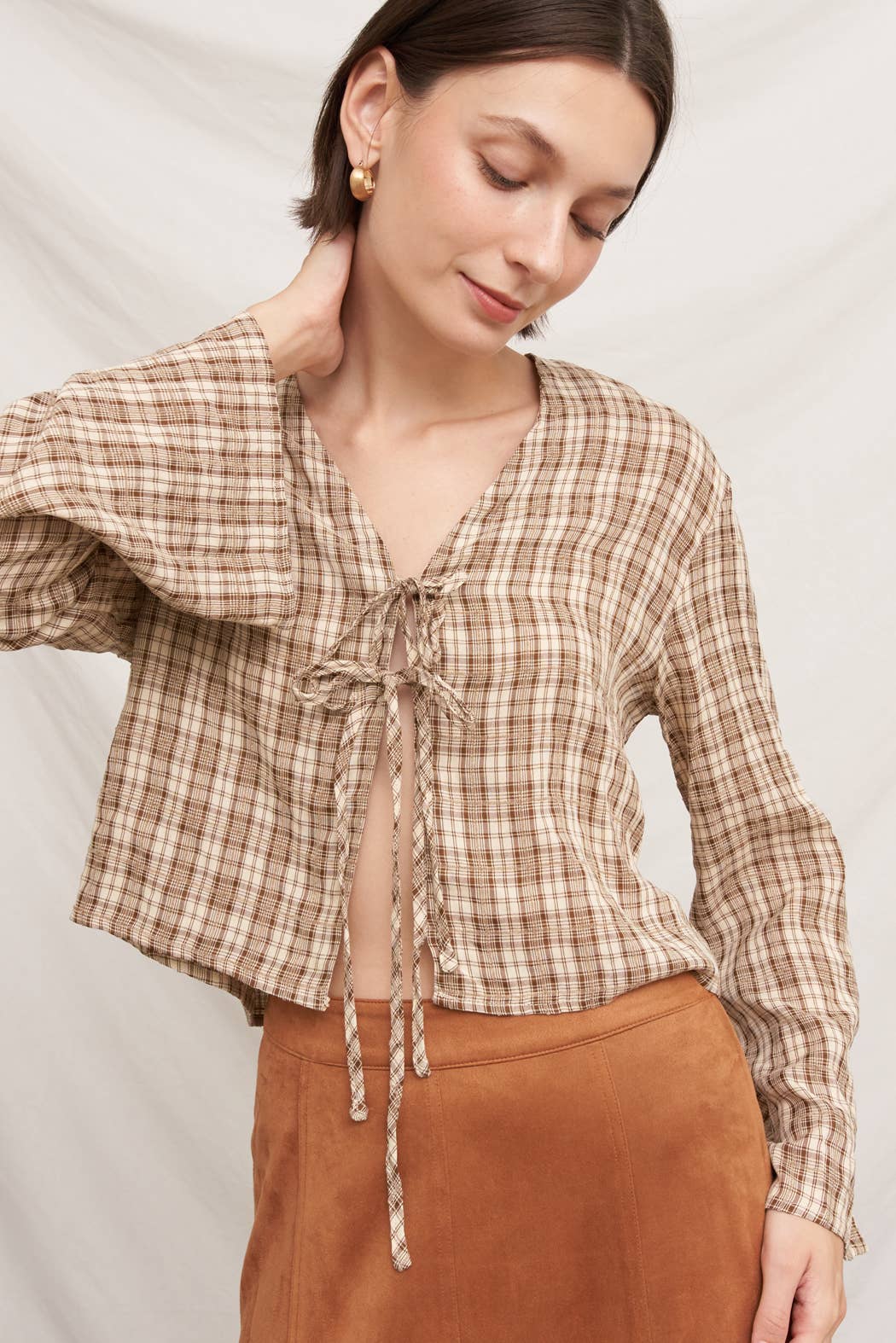 Tie Front Long Sleeve Plaid Blouse: Blue / M