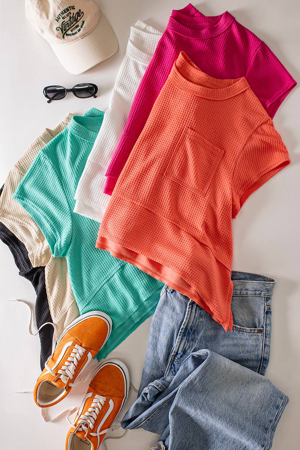 NT12641-Flared Hem Waffle Knit Casual Top: SEAFOAM / S-M-L/2-2-2
