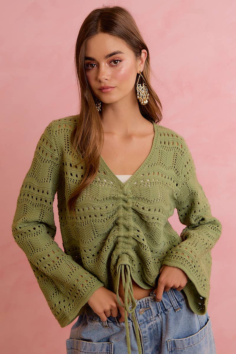 POINTELLE KNIT V NECK RUCHED FRONT LIGHTWEIGHT TOP: IVORY / L