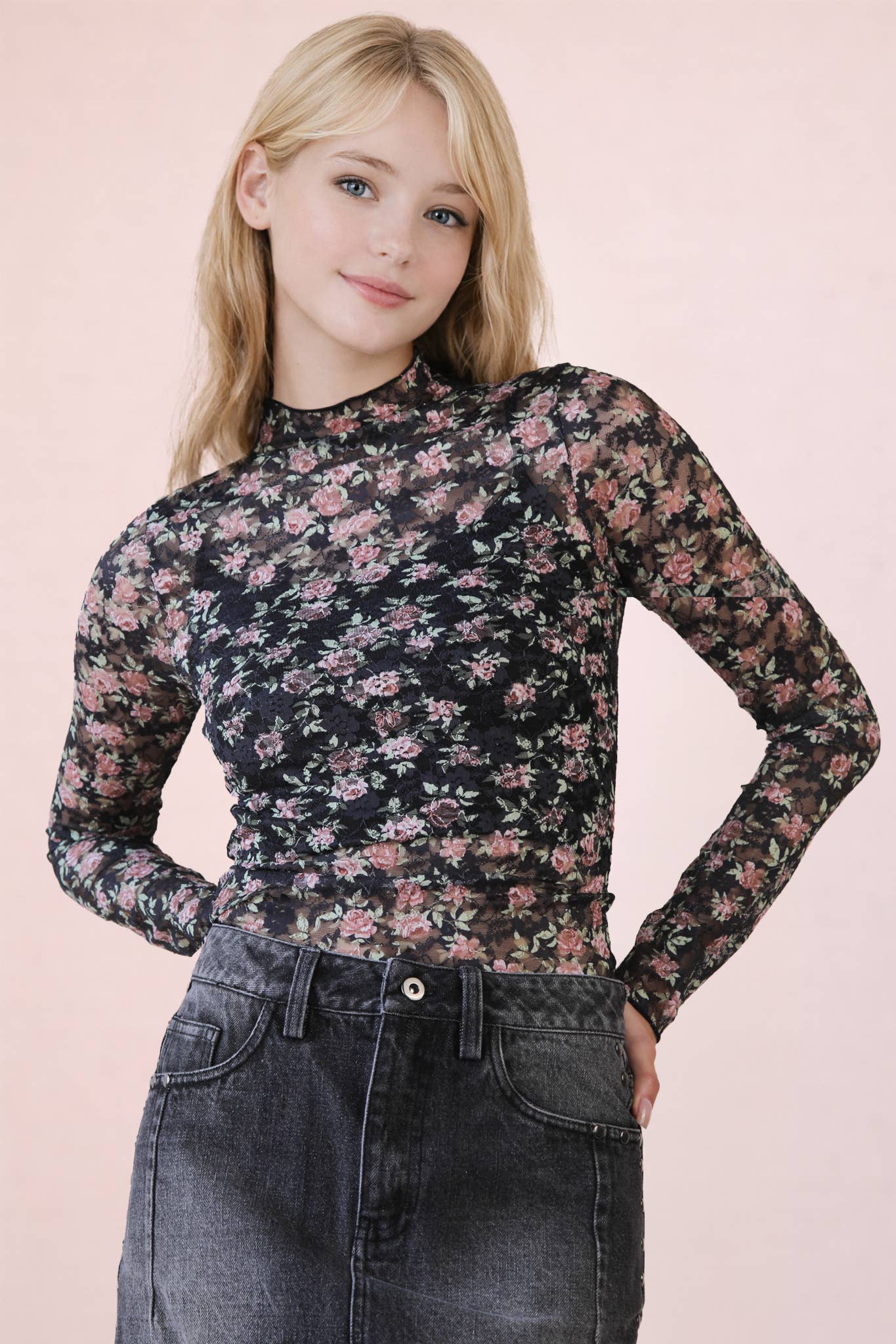 NT12220-High Neck Fitted Sheer Mesh Lace Knit Top: BLACK FLORAL / S-M-L/2-2-2