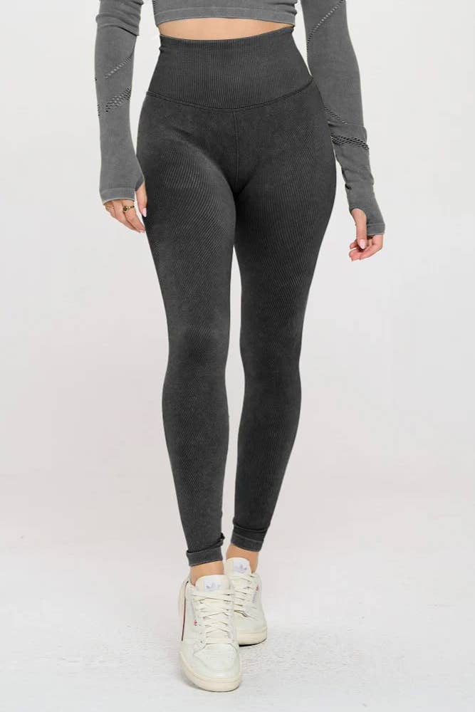 Mineral washed seamless high waist high presser yoga legging: Black