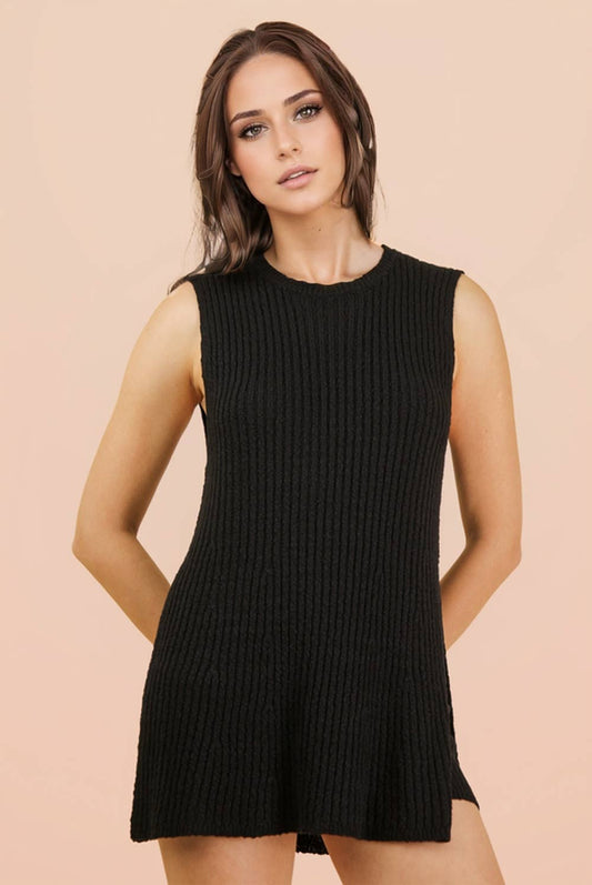 12W3359NSET-Knit Sweater Comfy Top & Shorts Set: BLACK / S-M-L/2-2-2