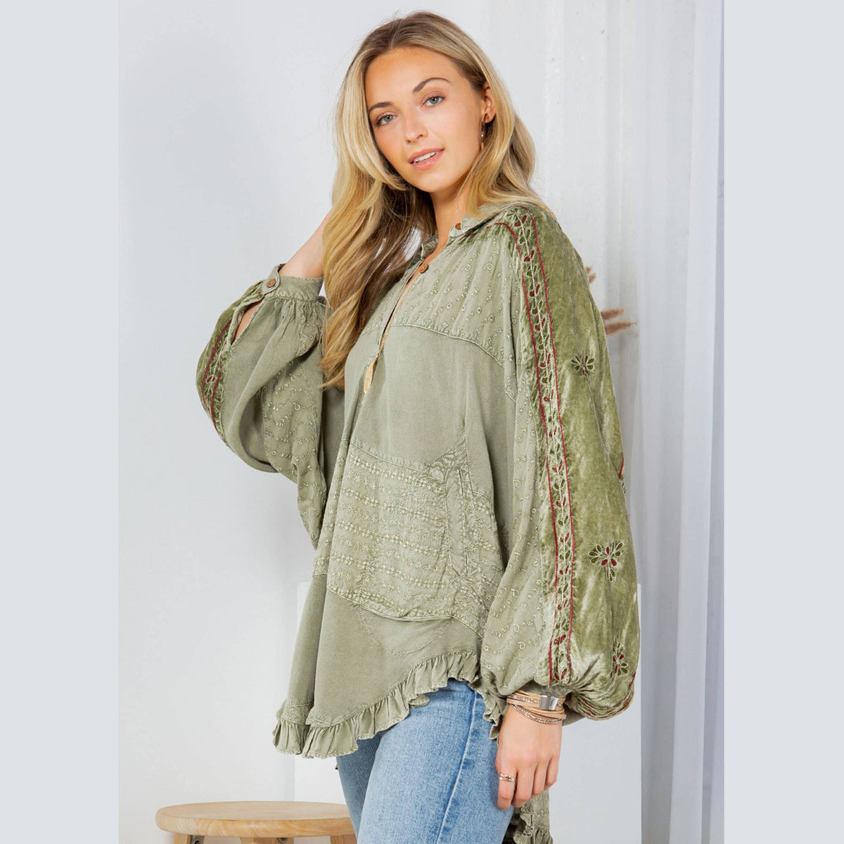 Bohemian Elegance: Stonewashed Rayon Top: Olive / REGULAR (S-M-L-XL-1-2-2-1)