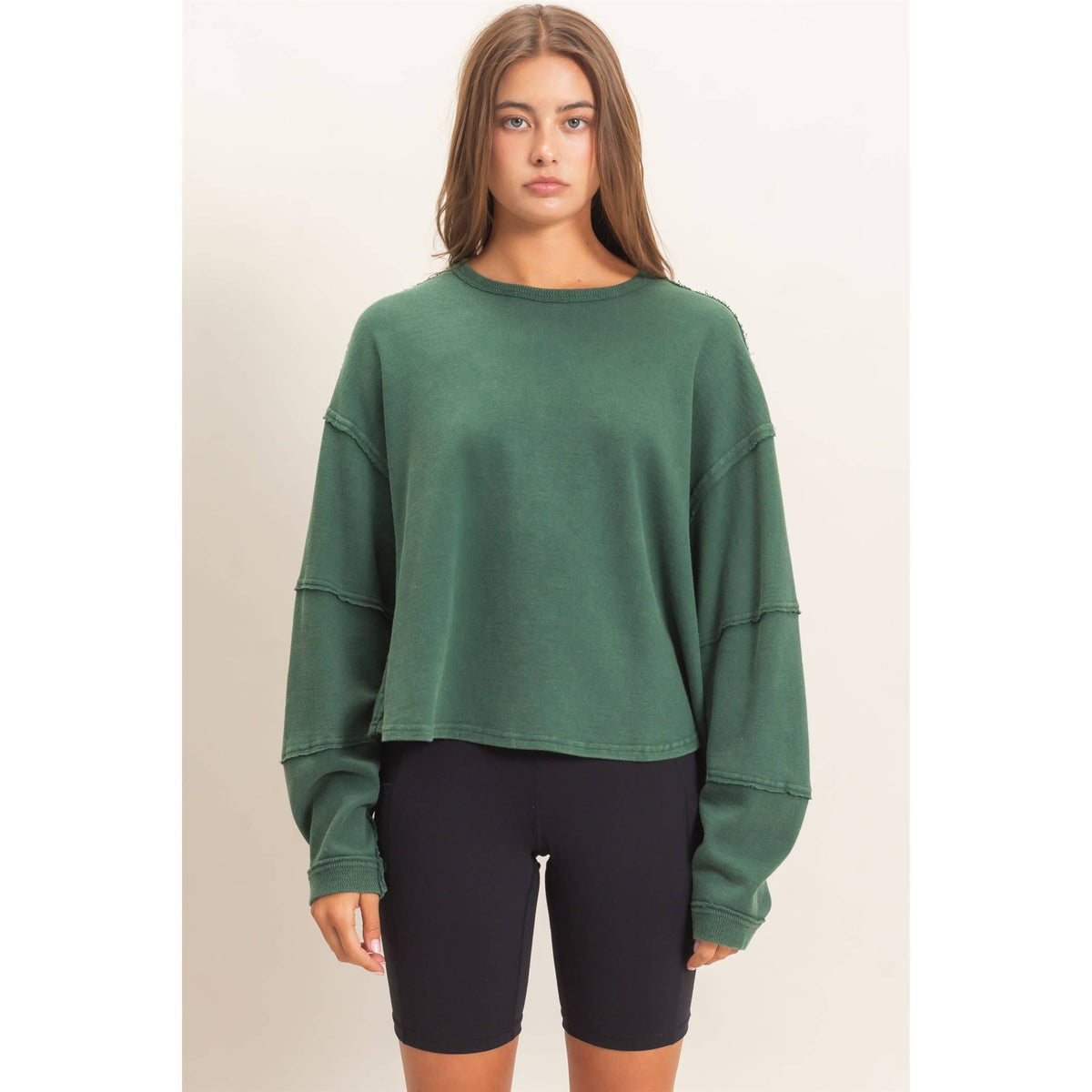 Mineral Wash Overzised Raw Edge Crew Neck Top: DARK RED / S-M-L(2-2-2)