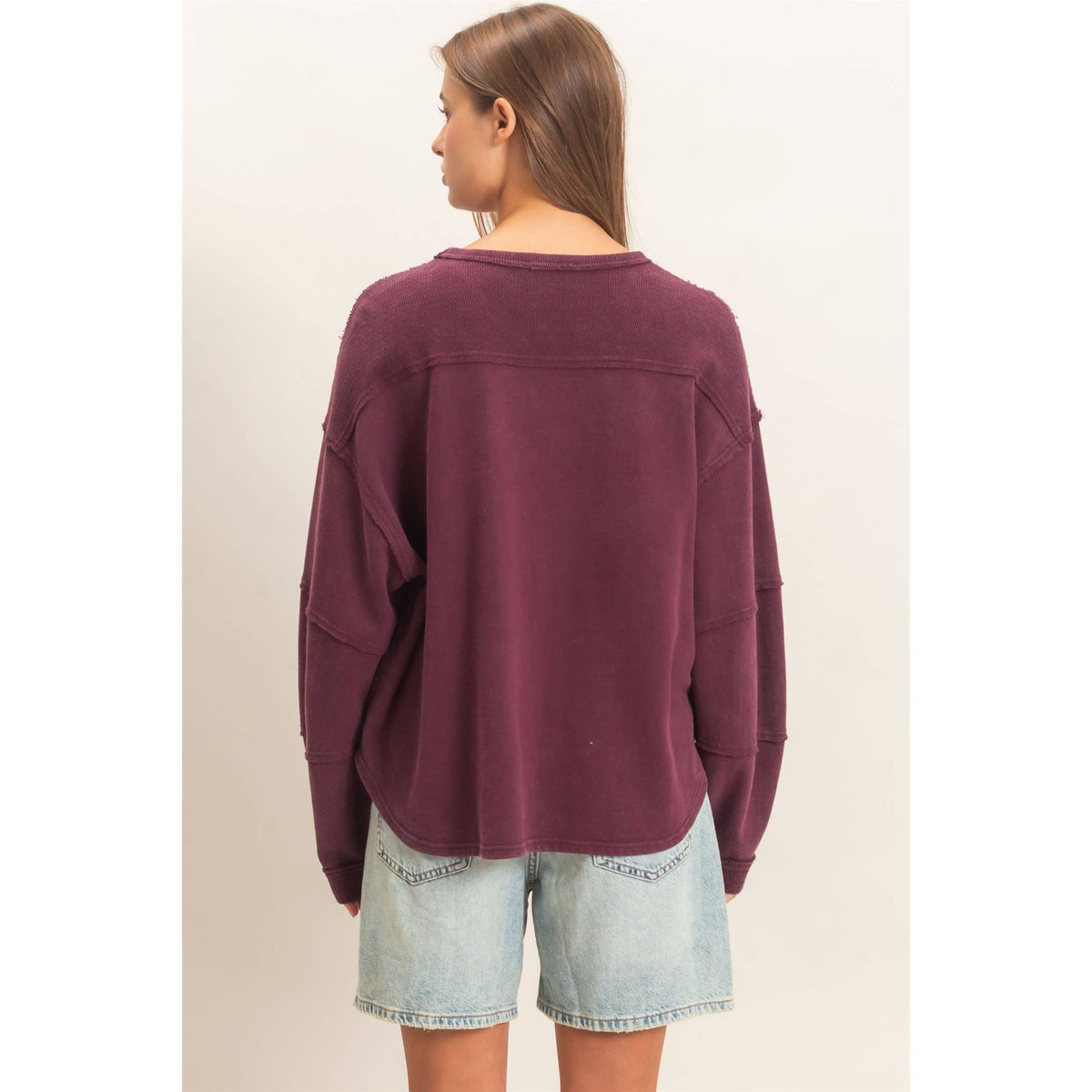 Mineral Wash Overzised Raw Edge Crew Neck Top: DARK RED / S-M-L(2-2-2)
