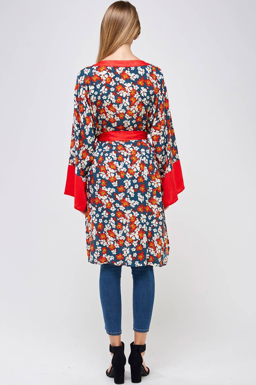 Red Trim Floral Long Kimono Cardigan: TEAL RED / M/L