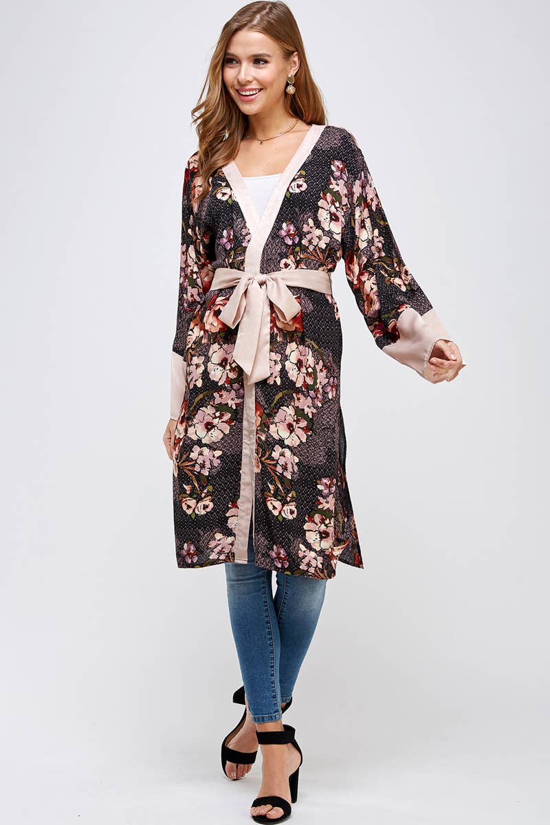 Long Sleeve Floral Satin Waist Tie Kimono: BLACK MAUVE / L