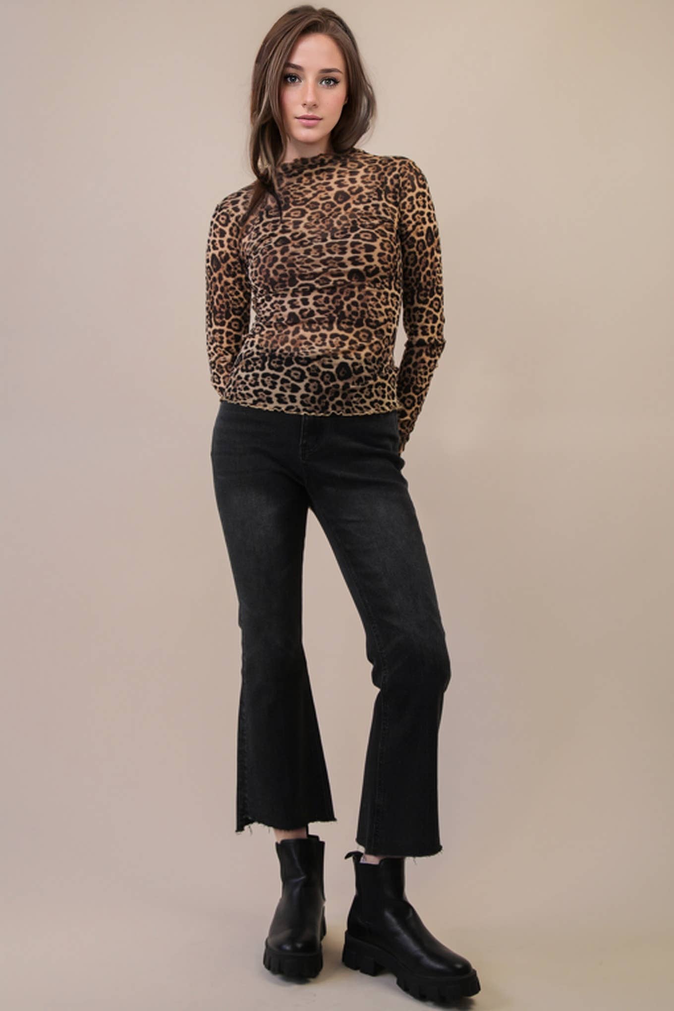 NT12220-High Neck Fitted Sheer Mesh Lace Knit Top: FOREST / S-M-L/2-2-2