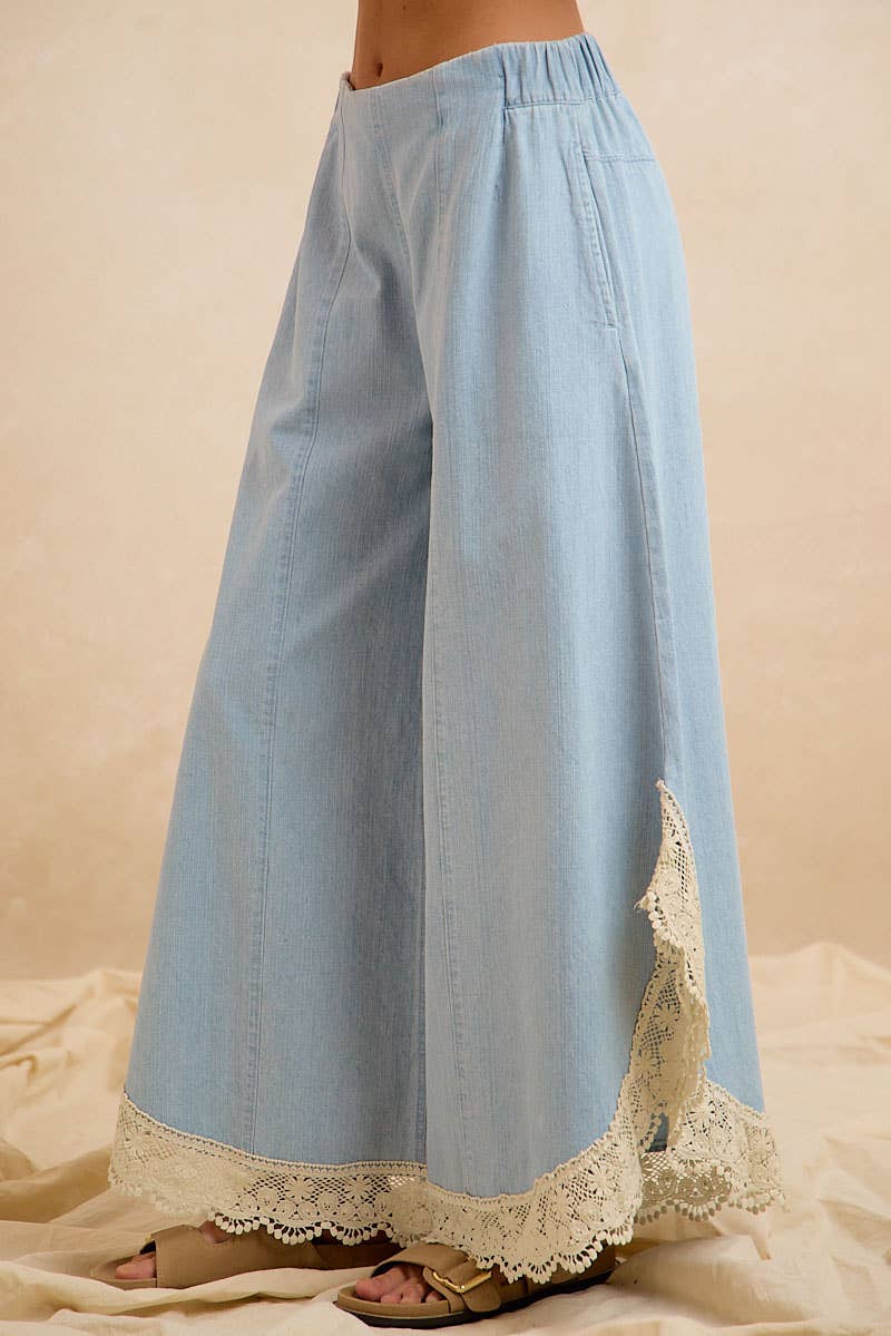 WIDE LEG CROCHET LACE WITH TULIP HEM JEANS: DENIM / XL
