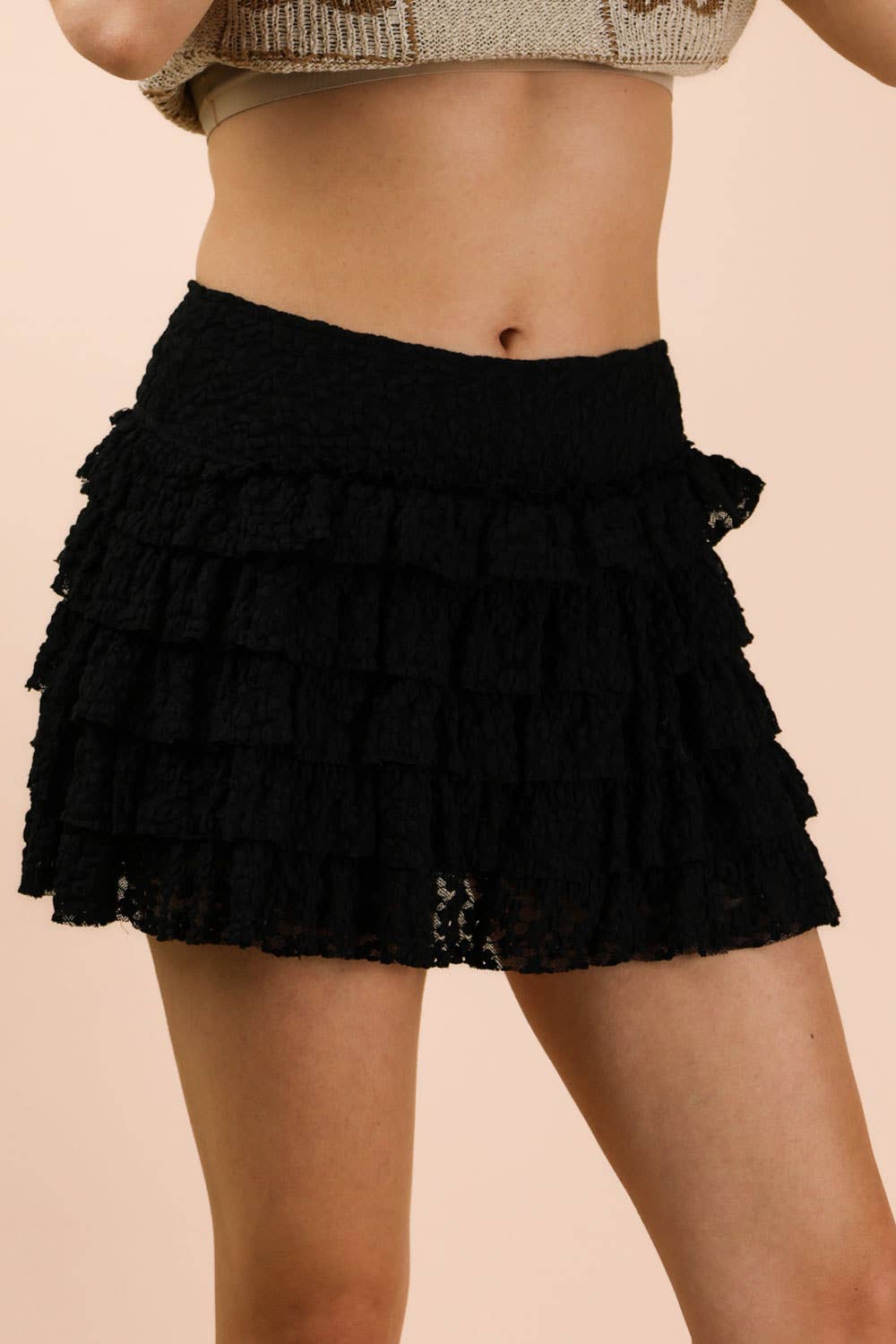 NS50190-Ruffle Layered Lace Mini Skirt W/ Inner Shorts: Black / S-M-L/2-2-2