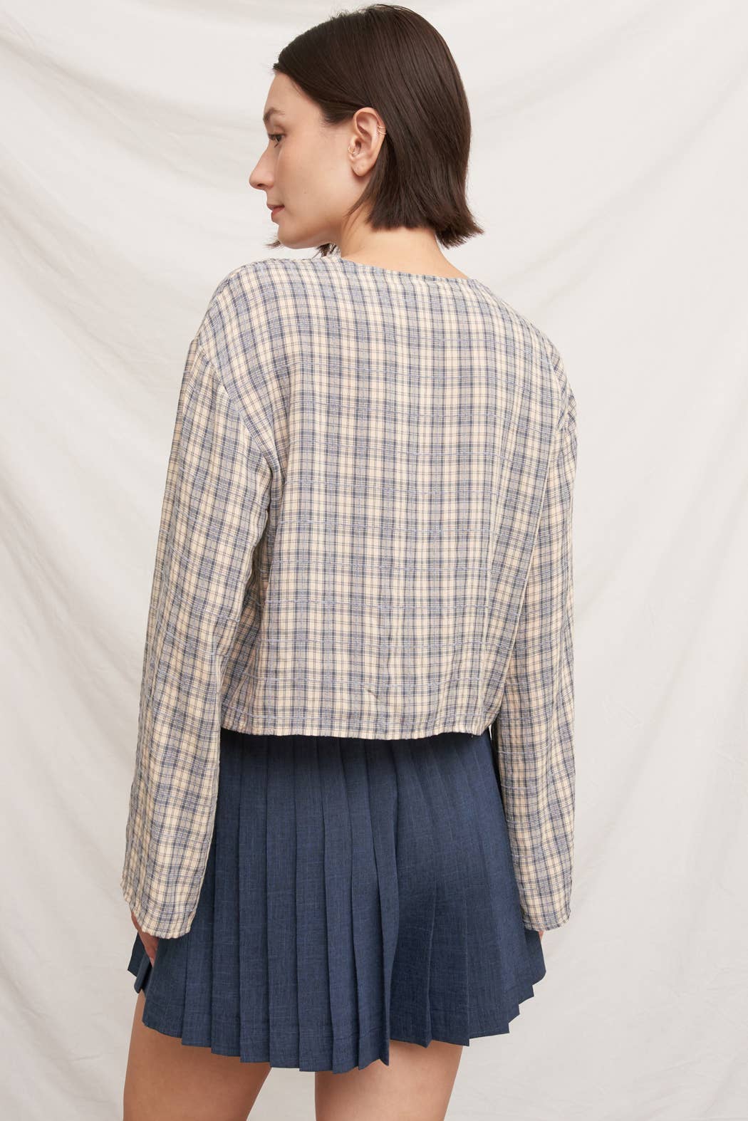 Tie Front Long Sleeve Plaid Blouse: Blue / S