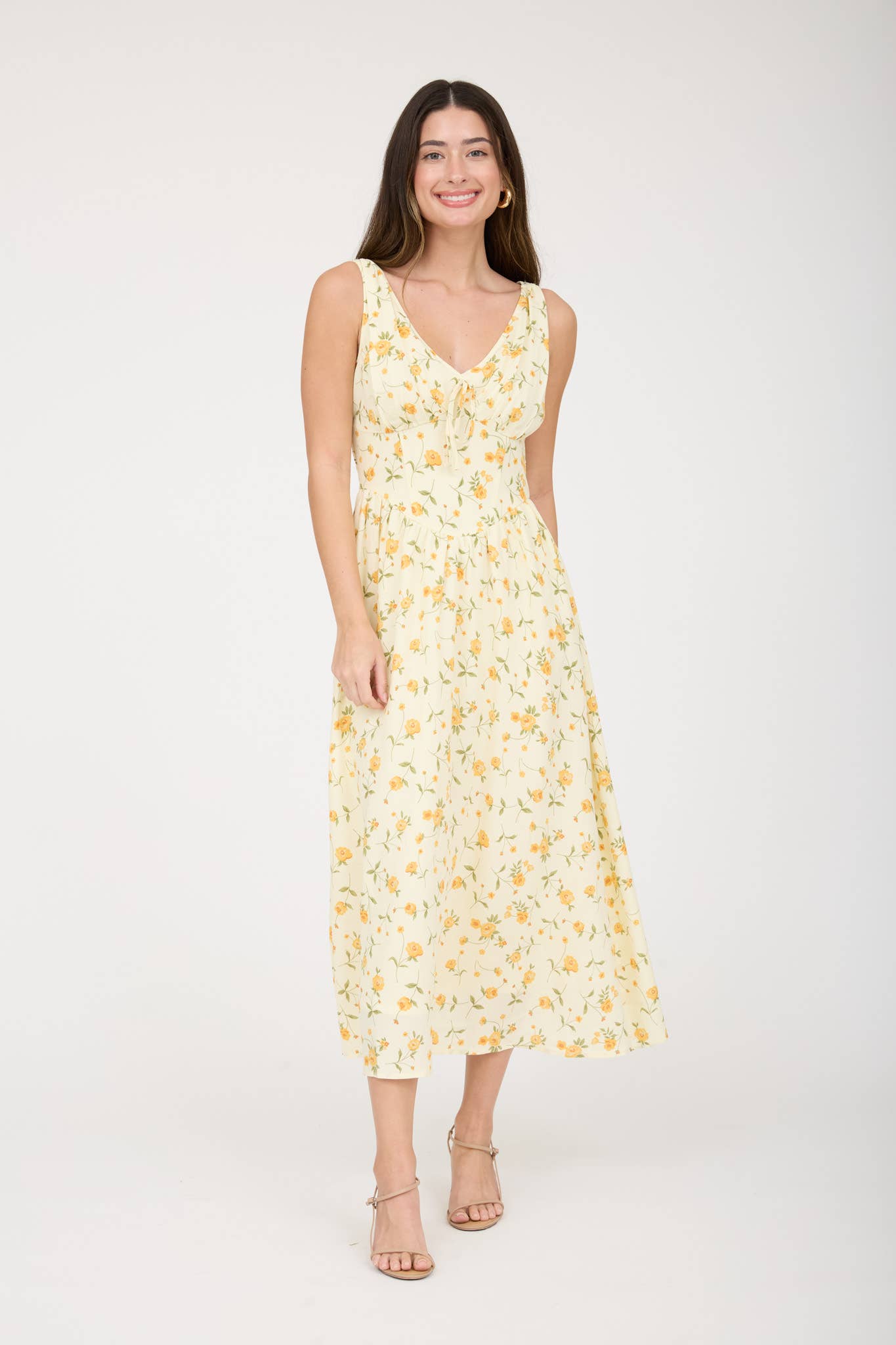 FLORAL V NECK SLEEVELESS CORSET MIDI DRESS : BLUE MULTI