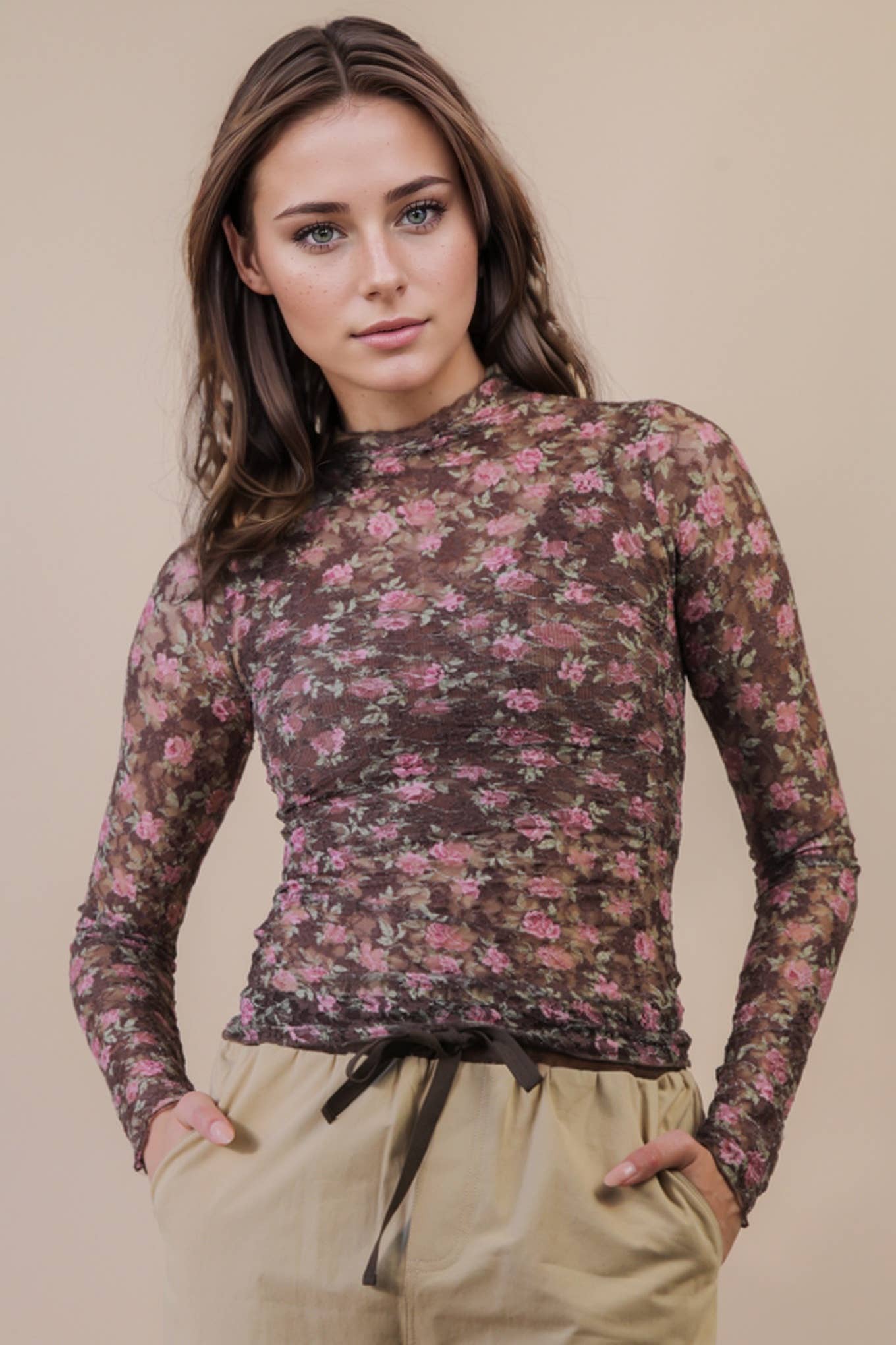 NT12220-High Neck Fitted Sheer Mesh Lace Knit Top: FOREST / S-M-L/2-2-2
