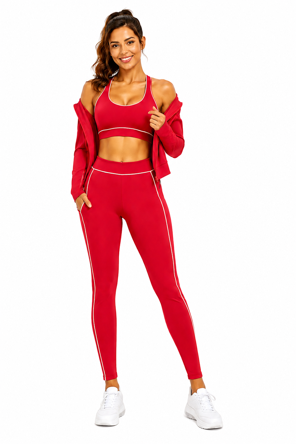 Activewear sports bra with legging and jacket 3 pieces set: Red