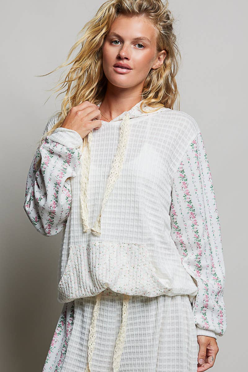 Kangaroo Pocket Mixed Knit Contrast Hooded Pullover SALE: NATURAL MULTI / S