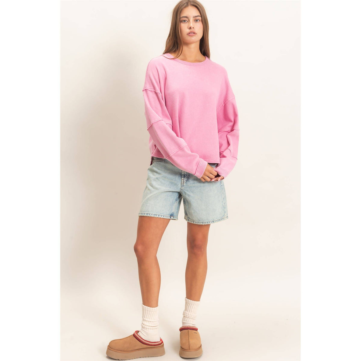 Mineral Wash Overzised Raw Edge Crew Neck Top: DARK RED / S-M-L(2-2-2)