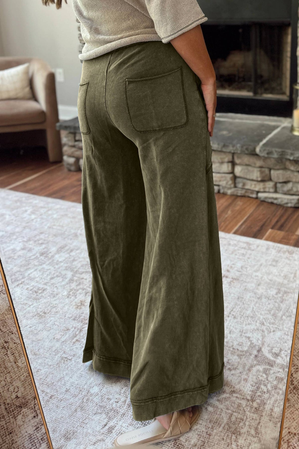 66 Hot Mineral Wash Seam Flare Leg Drawstring Pants (S-XL): Jungle Green / XL