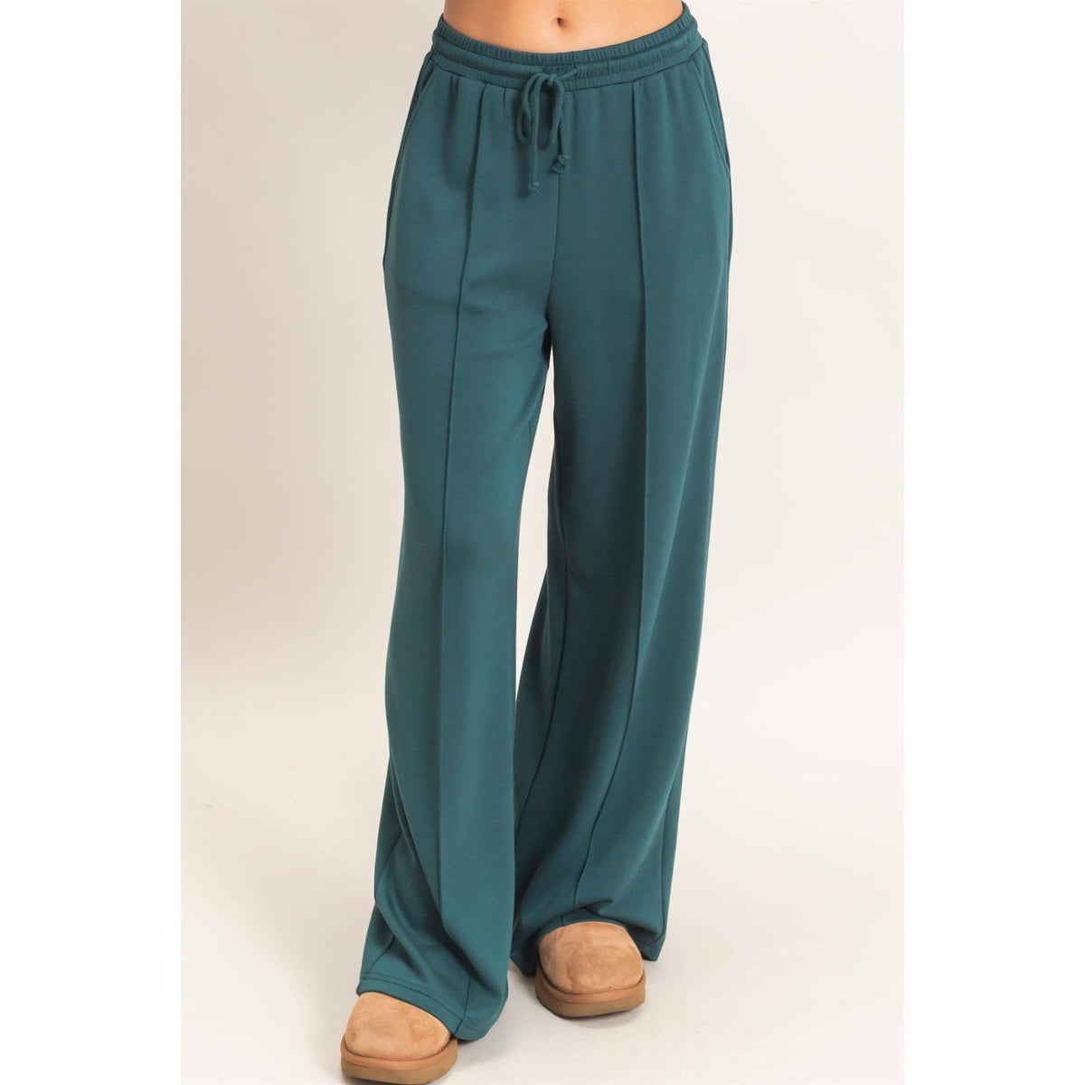 Drawstring Waist Pintuck Wide Leg Pants: COCOA / S-M-L(2-2-2)