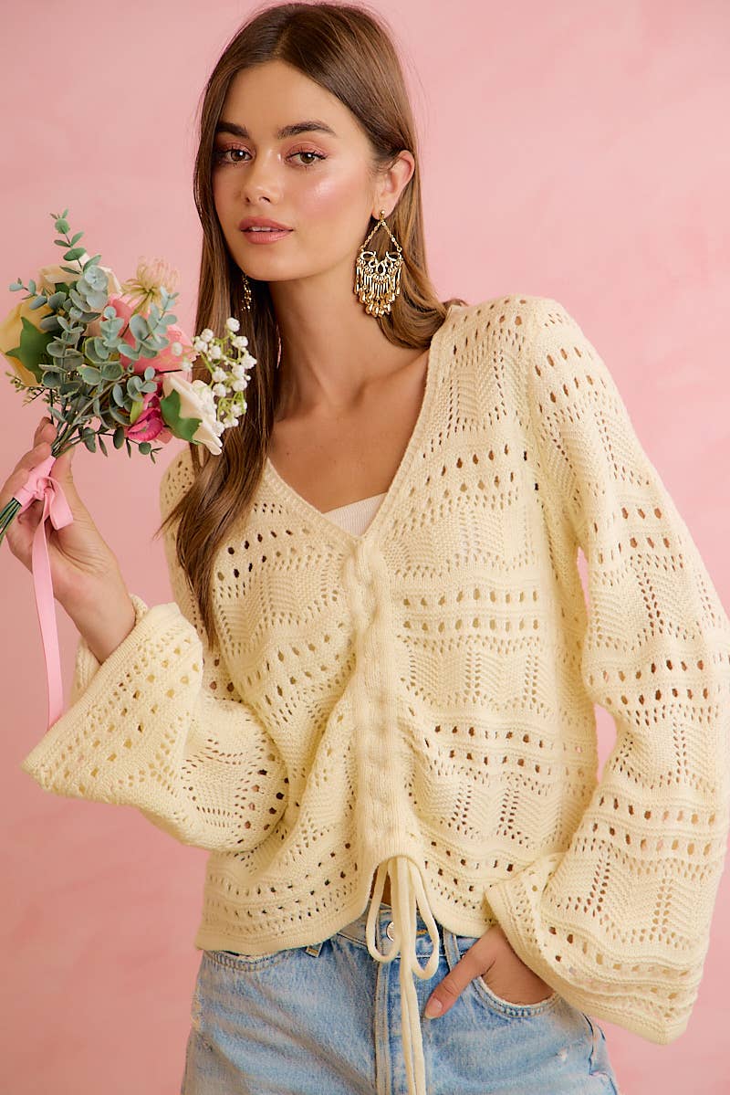 POINTELLE KNIT V NECK RUCHED FRONT LIGHTWEIGHT TOP: IVORY / L