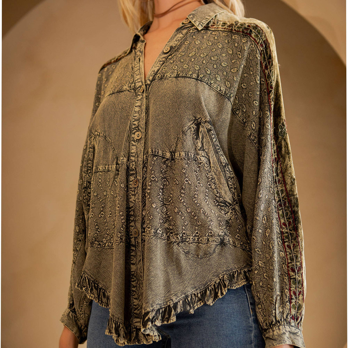 Bohemian Elegance: Stonewashed Rayon Top: Olive / REGULAR (S-M-L-XL-1-2-2-1)