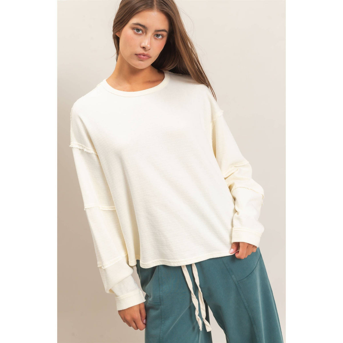 Mineral Wash Overzised Raw Edge Crew Neck Top: DARK RED / S-M-L(2-2-2)