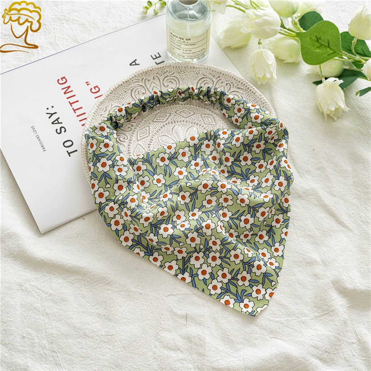 FLORAL PASTORAL STYLE TURBAN WITH ELASTIC BANDANA_CWAHA0847: Yellow / (OS) 3