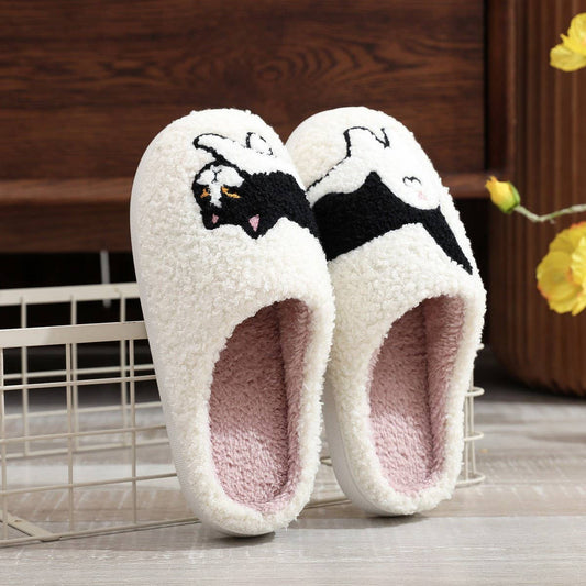 FUNNY EGG CAT EMBROIDERED COTTON SLIPPERS_CWSHS0859: White / (7) 1