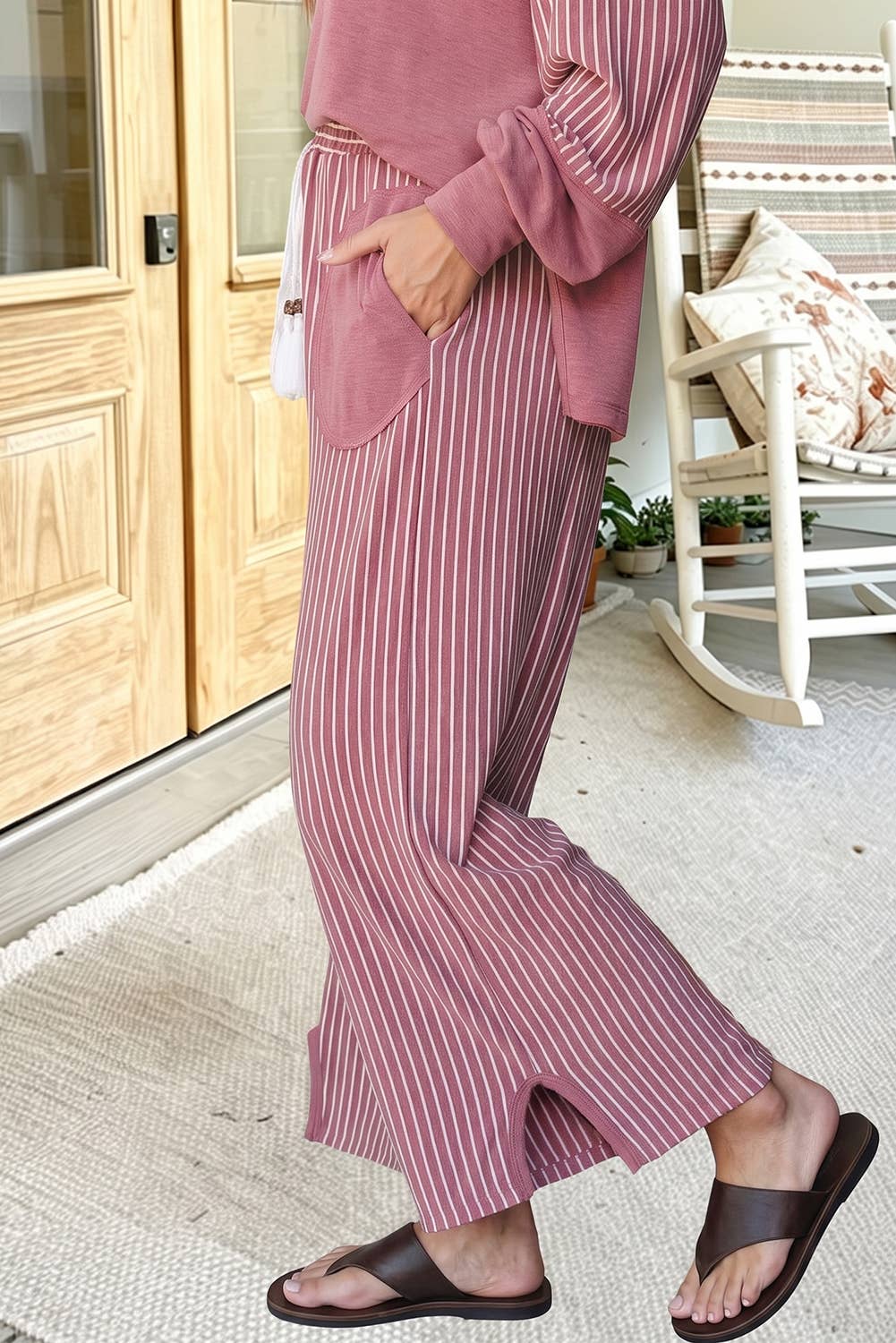 66 Striped Contrast High Waist Plus Size Pants Set (S-4X): Green / M