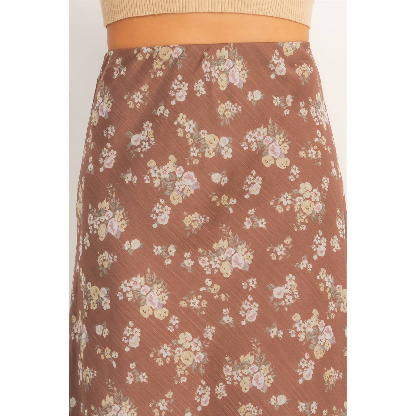 Floral Print Bias Skirt: BROWN / S-M-L(2-2-2)