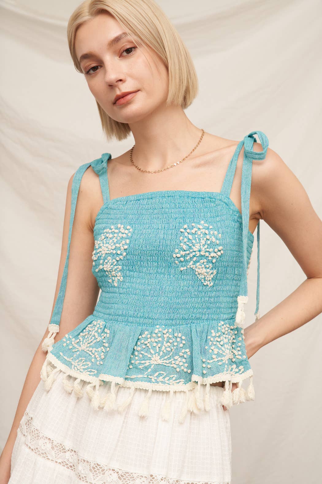 Adjustable Shoulder Tie Smocked Top: Mint Ivory / L