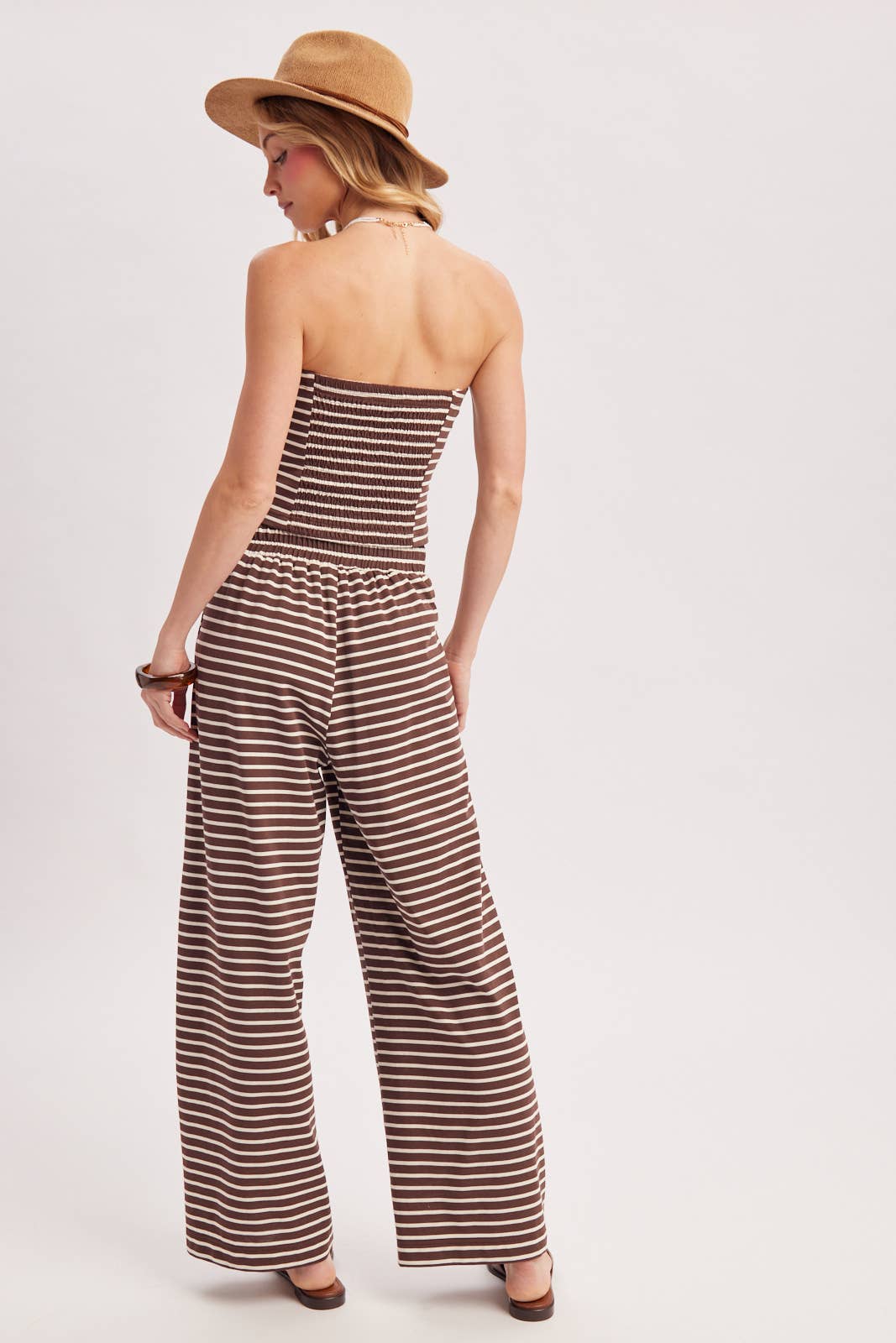 STRIPED KNIT TUBE AND WIDE PANTS SET: MOCHA COMBO / L
