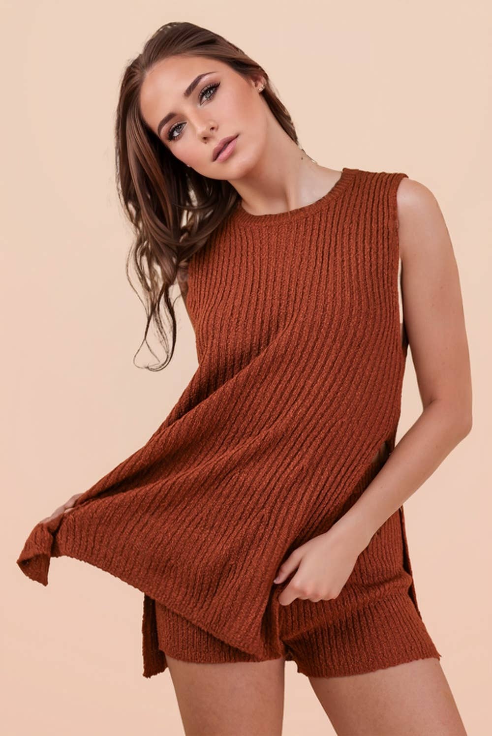 12W3359NSET-Knit Sweater Comfy Top & Shorts Set: BLACK / S-M-L/2-2-2