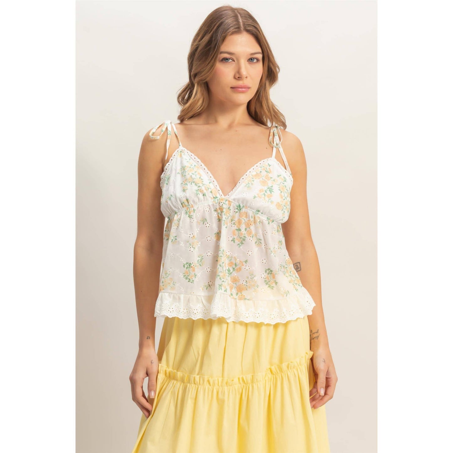Floral Lace Trim Camisole: YELLOW / S-M-L(2-2-2)