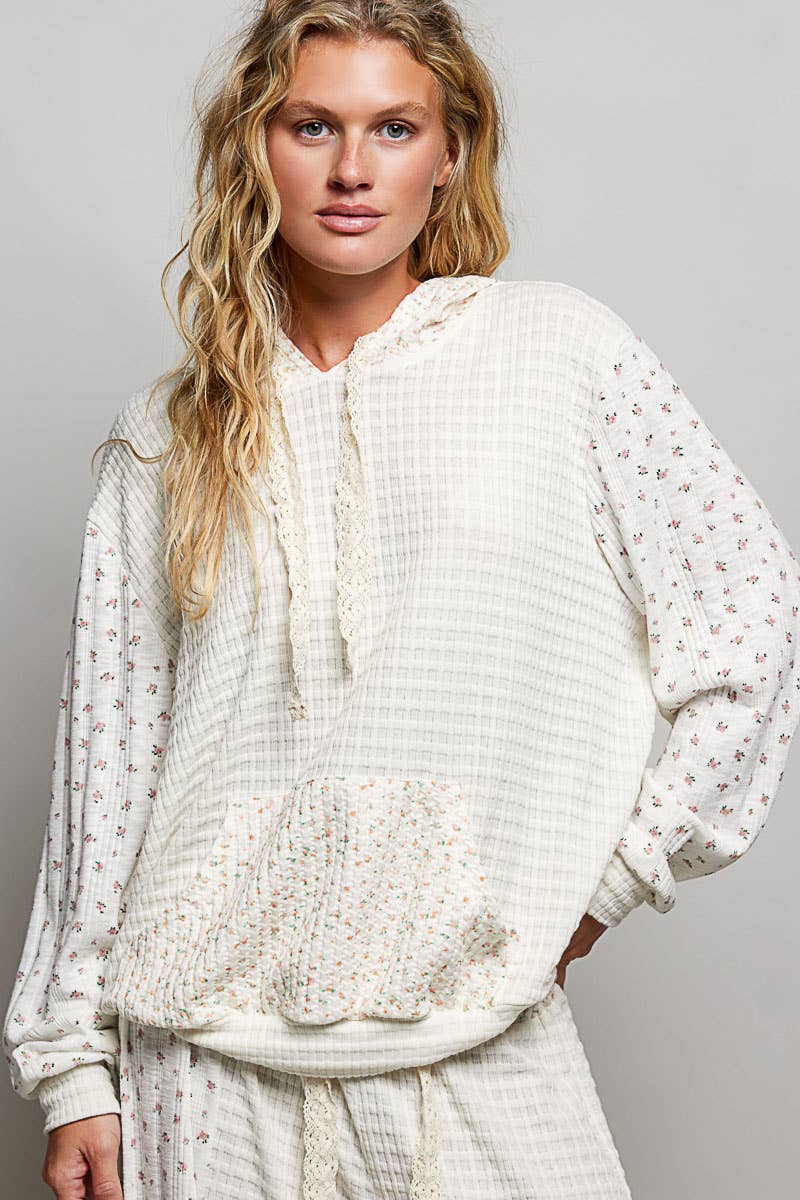 Kangaroo Pocket Mixed Knit Contrast Hooded Pullover SALE: NATURAL MULTI / L