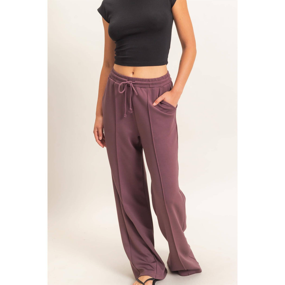 Drawstring Waist Pintuck Wide Leg Pants: COCOA / S-M-L(2-2-2)