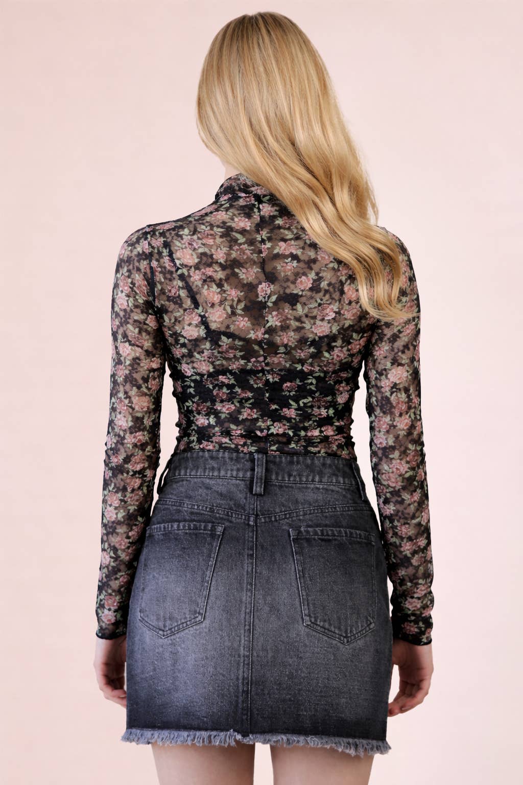 NT12220-High Neck Fitted Sheer Mesh Lace Knit Top: BLACK FLORAL / S-M-L/2-2-2