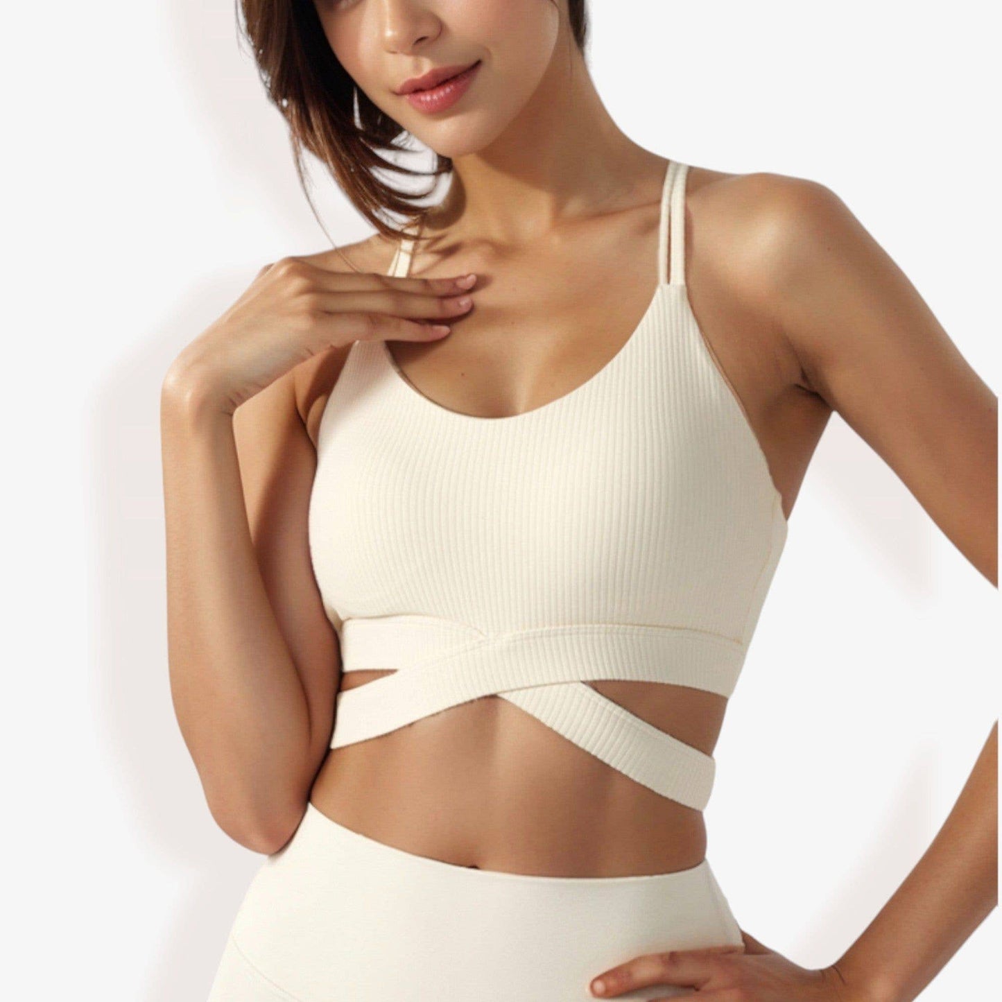 Ribbed Cross Strap Sports Bra with Double Strap Detail: Beige / Medium 8-10