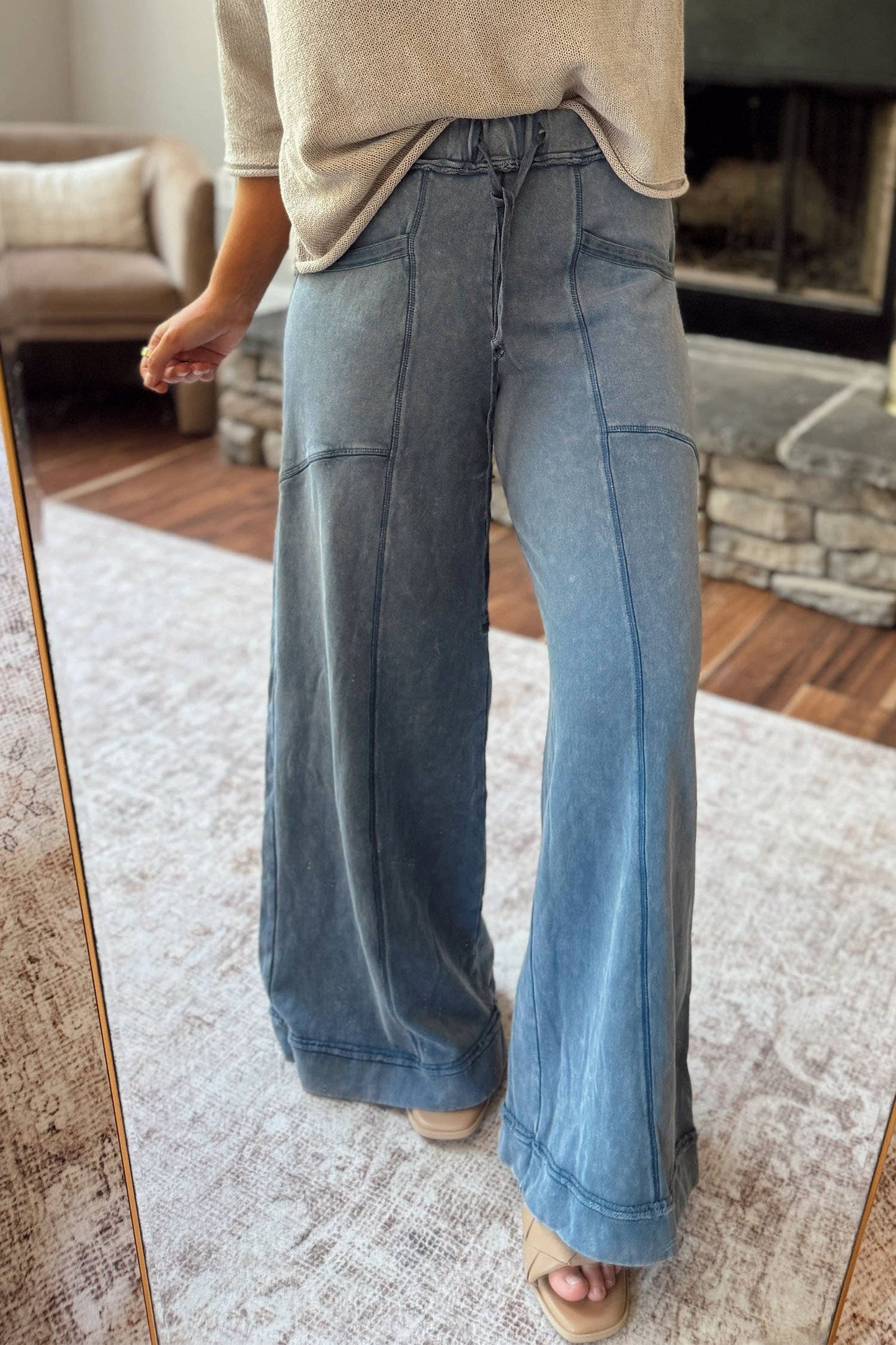 66 Hot Mineral Wash Seam Flare Leg Drawstring Pants (S-XL): Jungle Green / S
