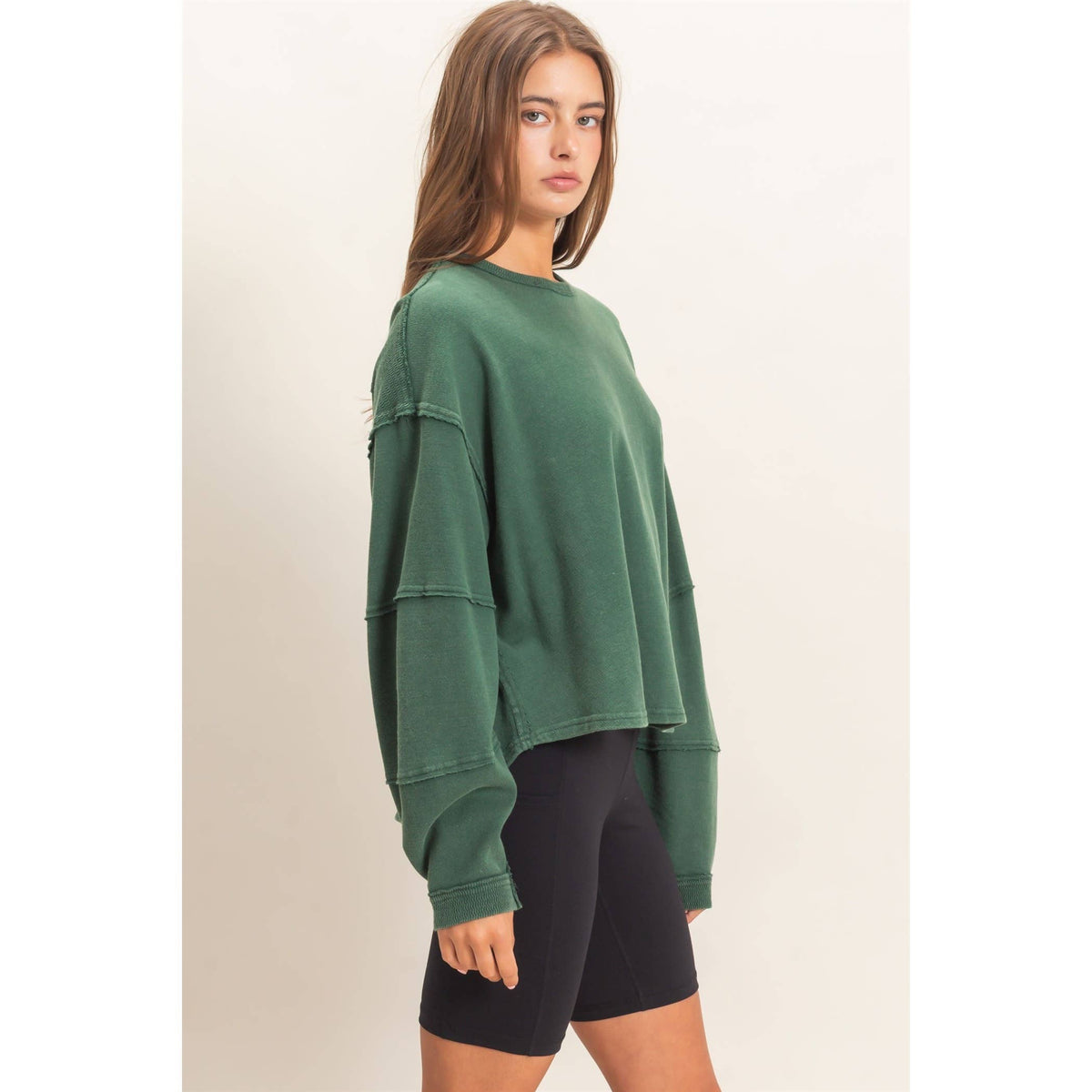 Mineral Wash Overzised Raw Edge Crew Neck Top: DARK RED / S-M-L(2-2-2)