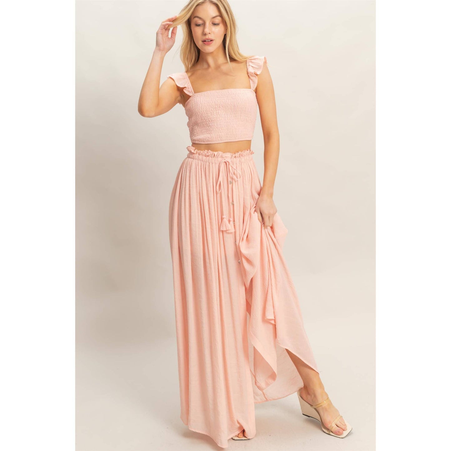 Smocked Top & Maxi Skirt Set: POWDER BLUE / S-M-L(2-2-2)