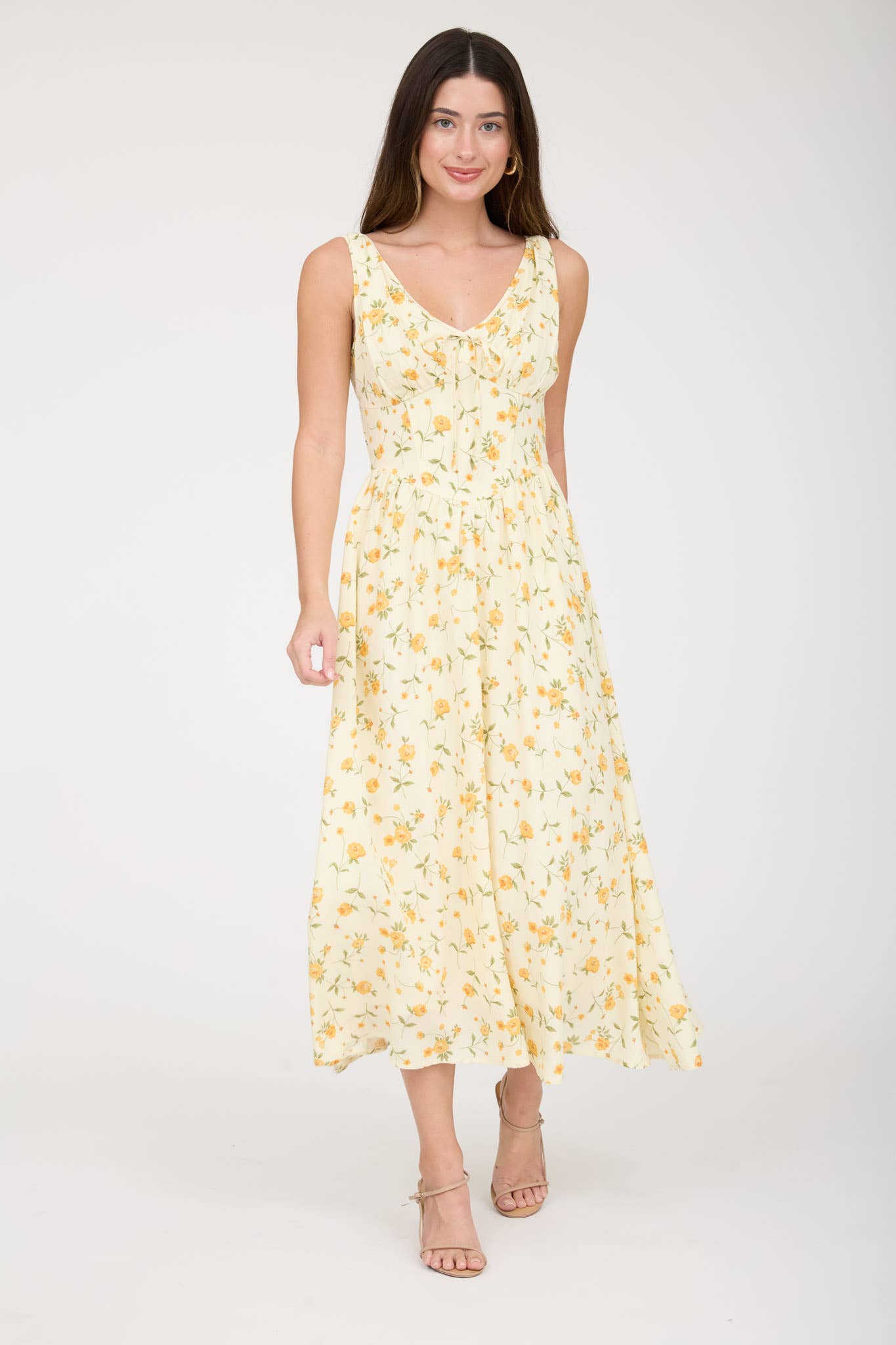 FLORAL V NECK SLEEVELESS CORSET MIDI DRESS : BLUE MULTI