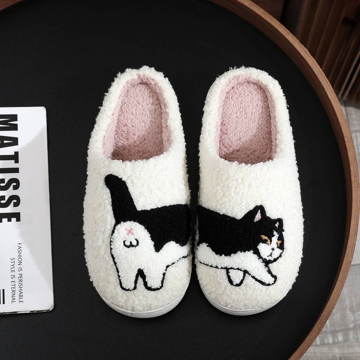 FUNNY EGG CAT EMBROIDERED COTTON SLIPPERS_CWSHS0859: White / (7) 1