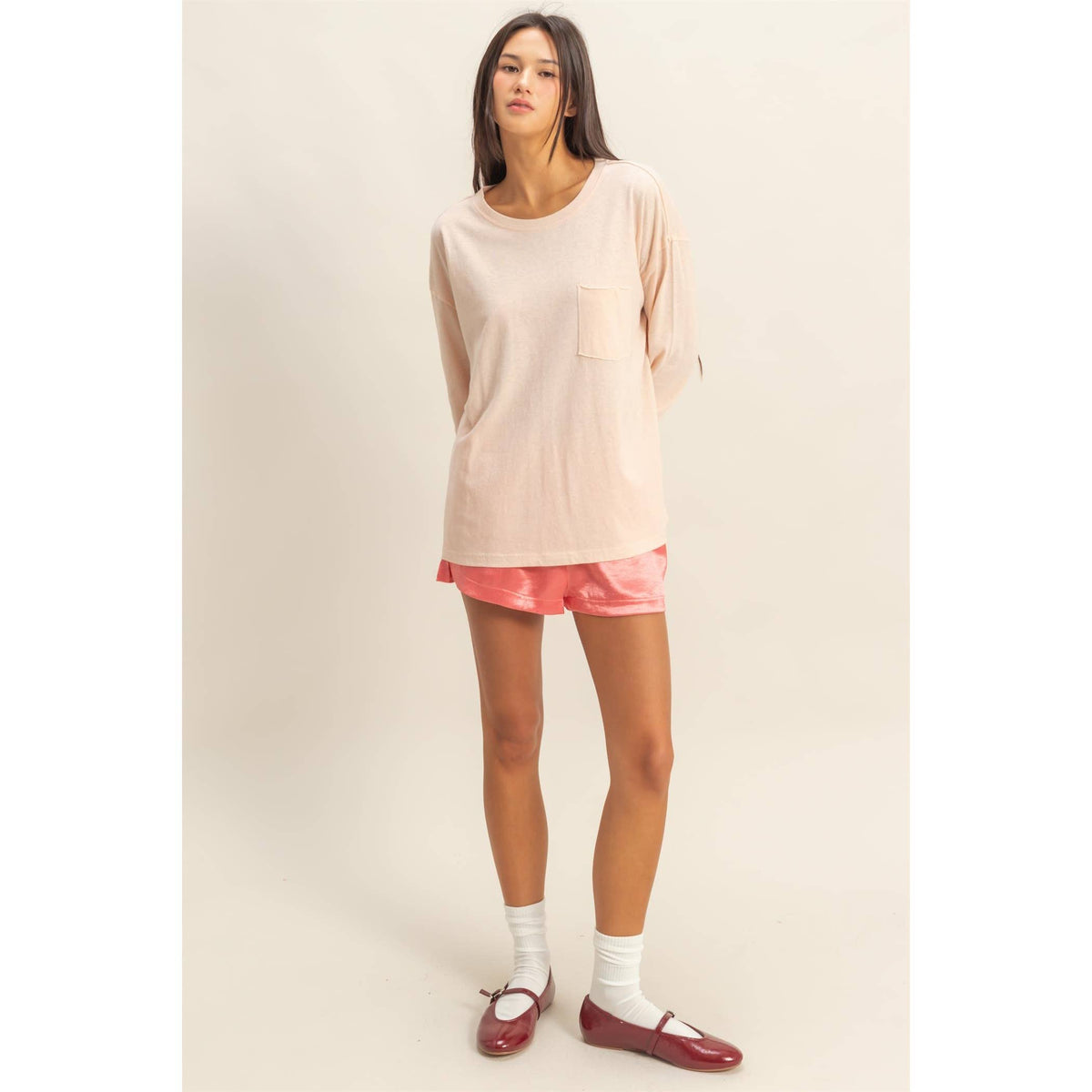 Long Sleeve Pocket T-Shirt: DUSTY PINK / S-M-L(2-2-2)